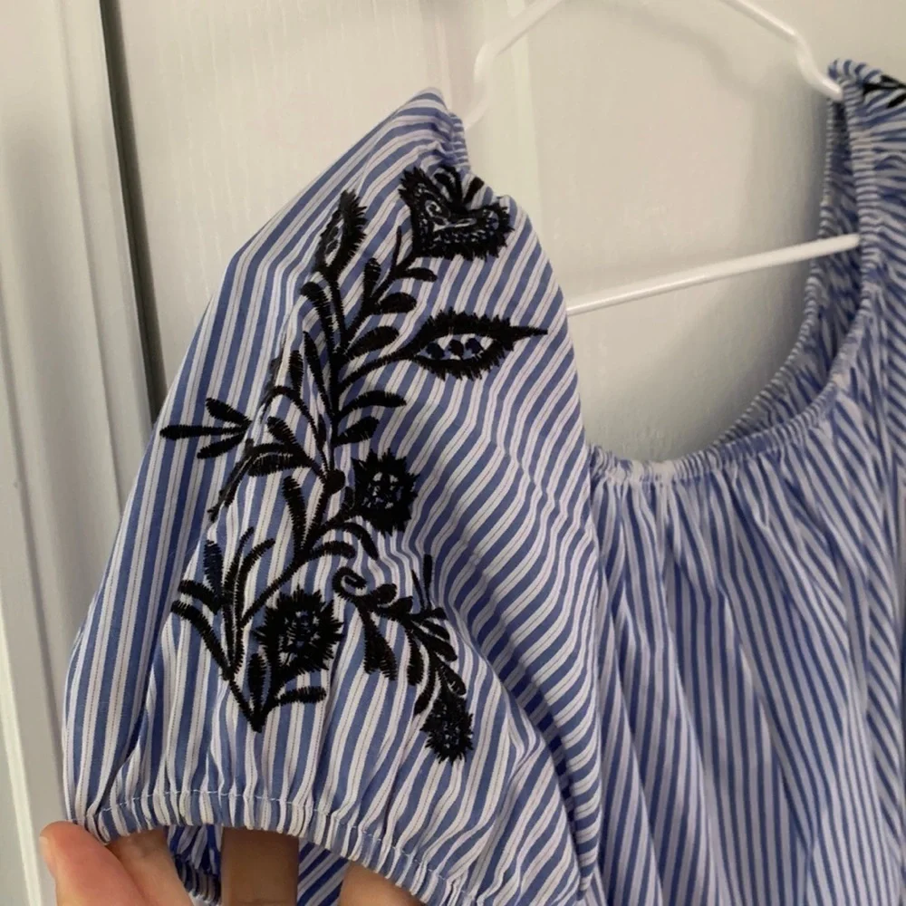 Who What Wear Dress Embroidered Striped Large‎ pockets tie waist off Shoulders - Picture 9 of 16